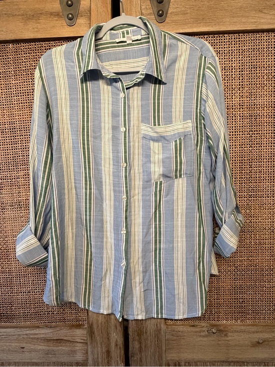 Jane and Delancey Tops - Jane and Delancey Blue, Green & white Striped Button-Down Shirt